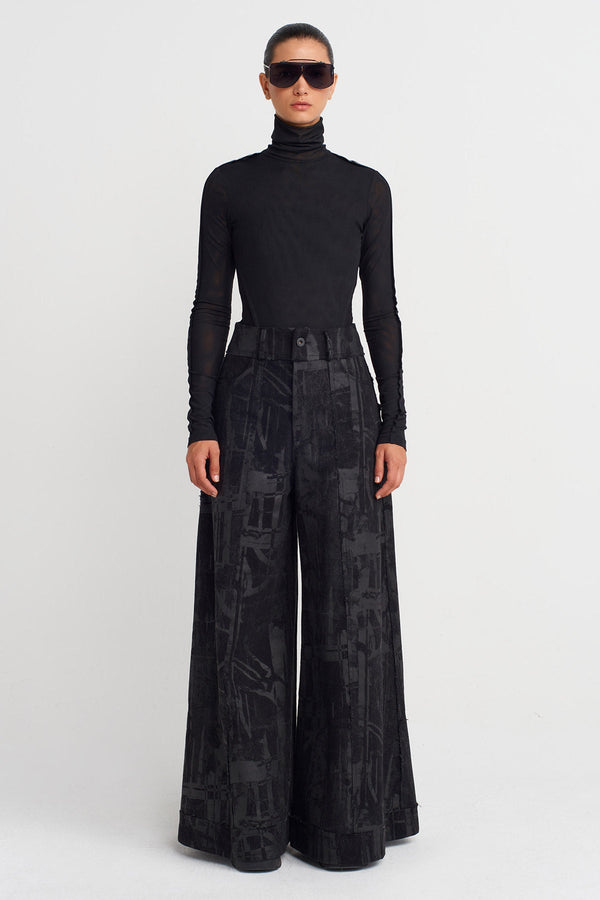 Nu Printed Wide-Leg Denim Trousers Black
