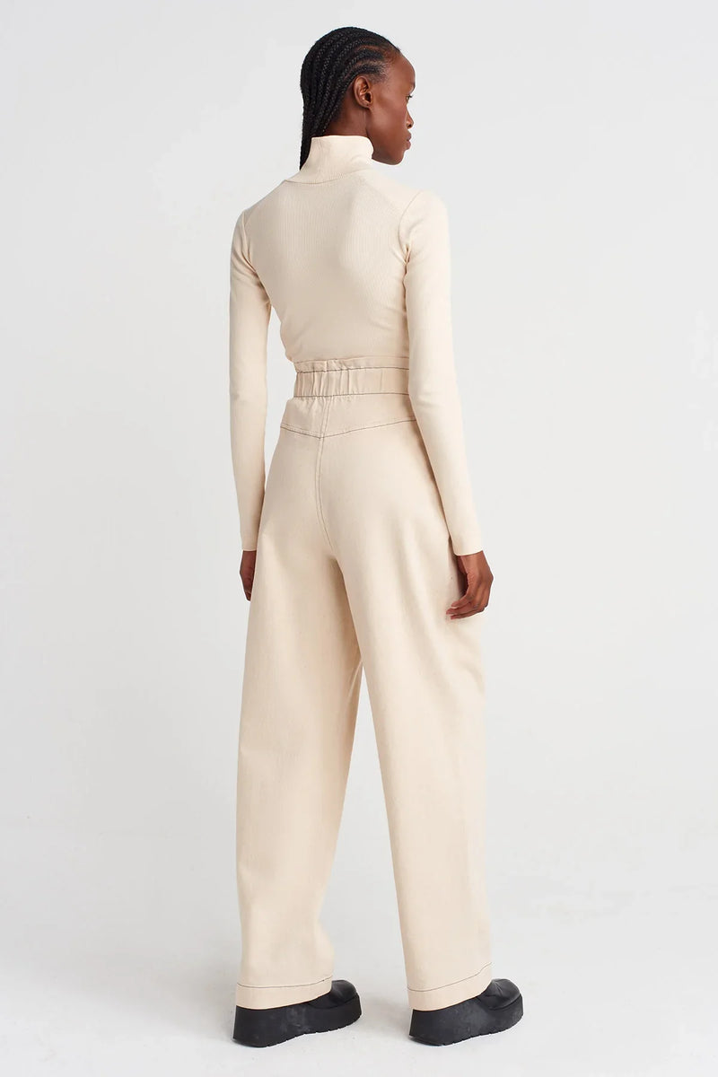 Nu High Waist Pleated Denim Trousers Natural