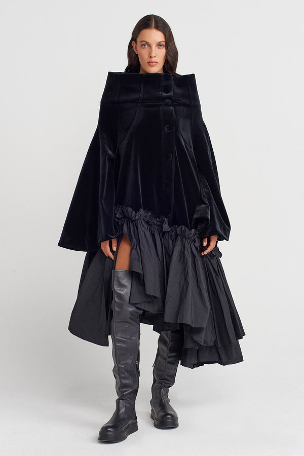 Nu Velvet Flared Dress With Wide Stand Collar Black