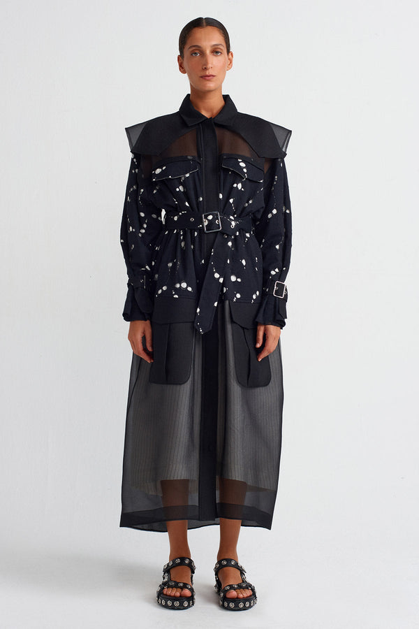 Nu Trench Coat With Organza And Lace Details Black