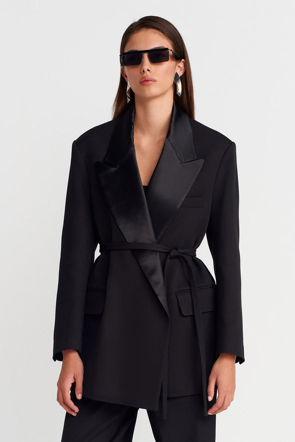 Nu Satin Lapel Belted Blazer Black