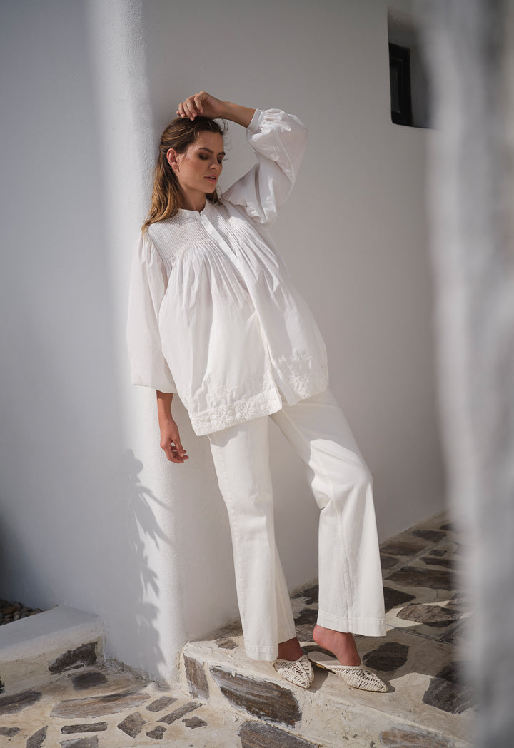 Choice Embroidered Long Sleeves Pleated Shirt Off White