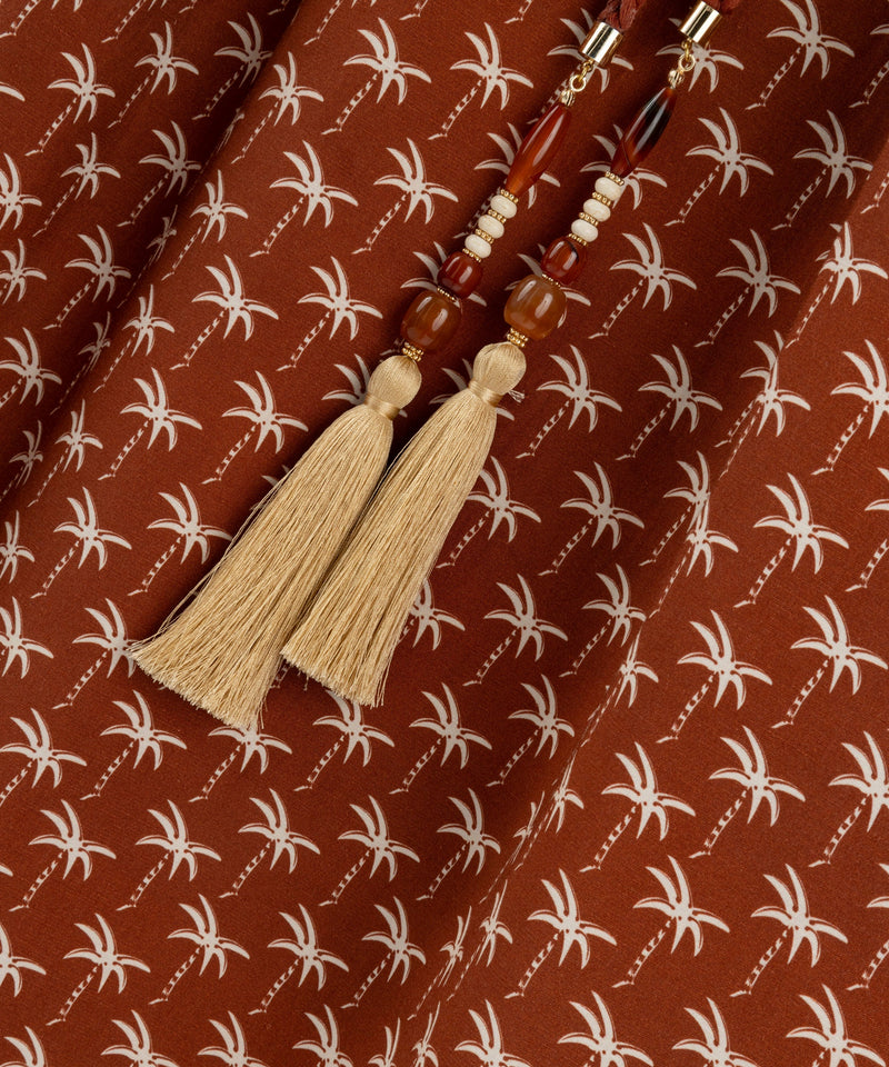 Machka Palm Tree Pattern Linen Blended Dress Brick