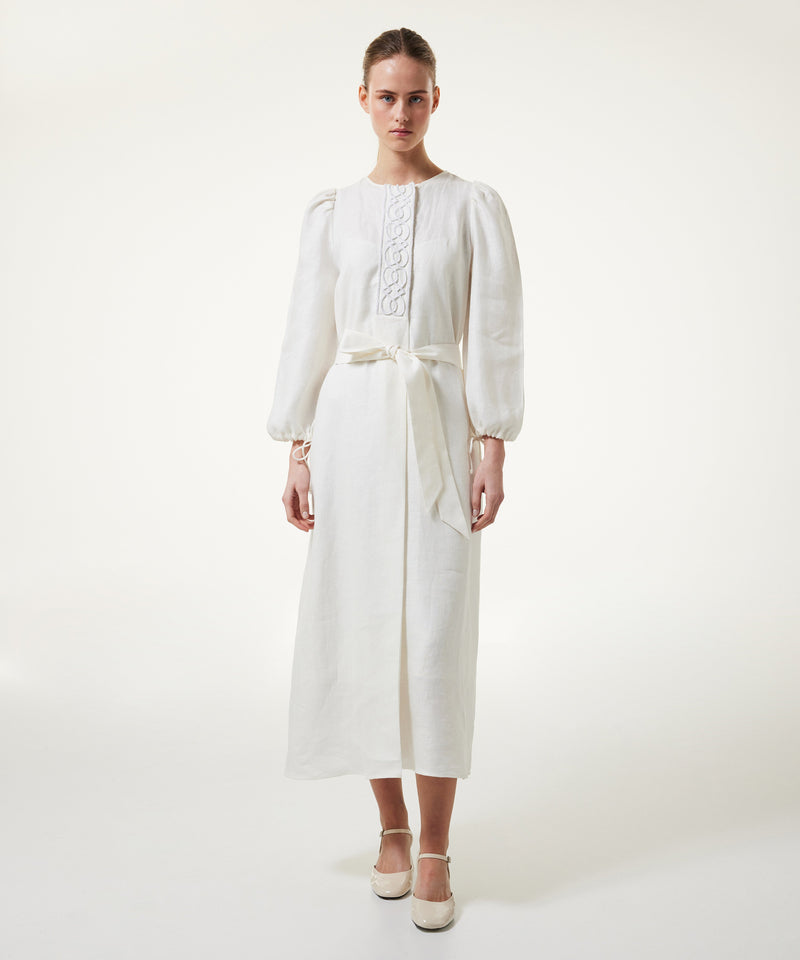 Machka Embroidered Linen Midi Dress Ecru