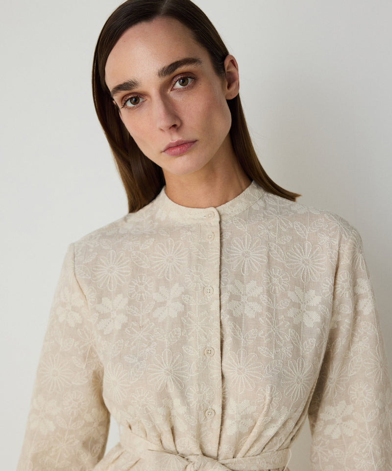 Machka Embroidered Dress With A Grandad Collar Beige