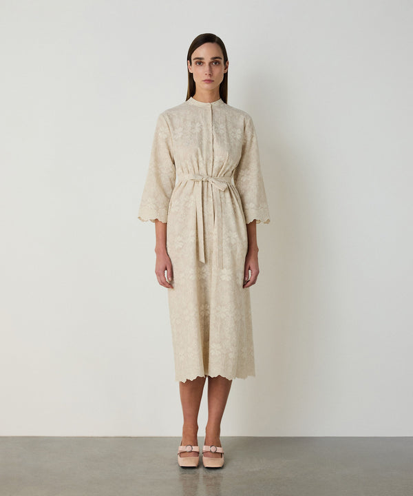 Machka Embroidered Dress With A Grandad Collar Beige