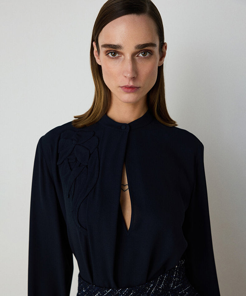 Machka Silk Blouse With Floral Appliques Navy