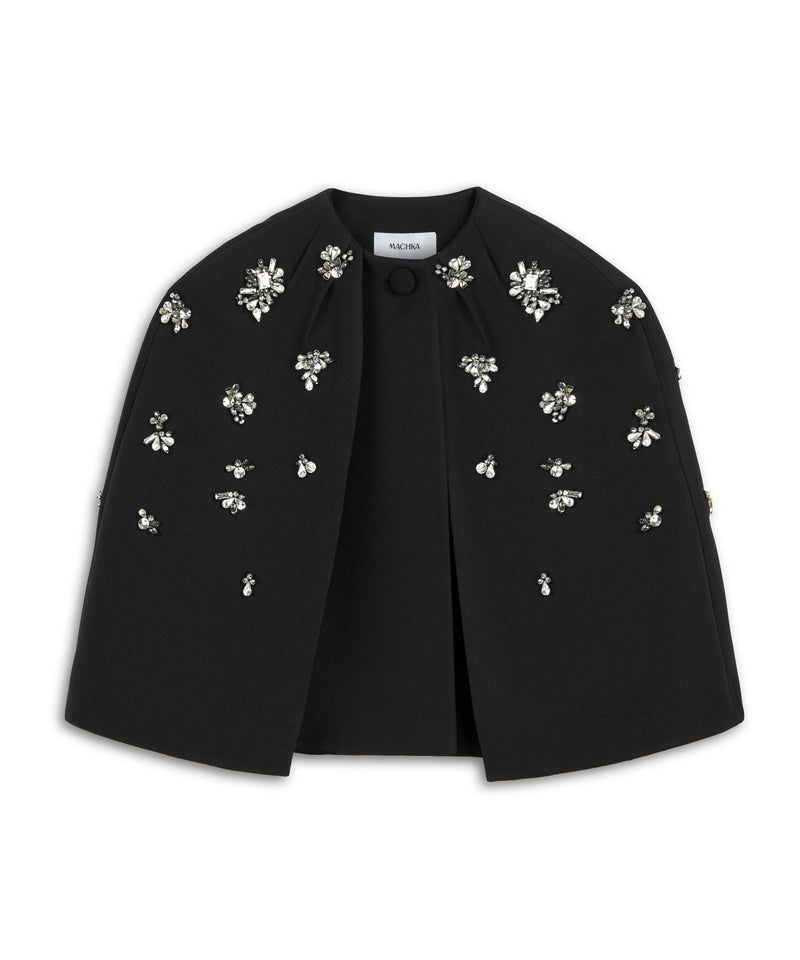 Machka Crystal Stone Embroidered Cape Black