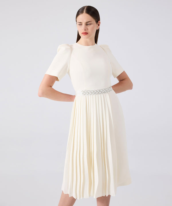 Machka Pleated Mix Crepe Dress Ecru