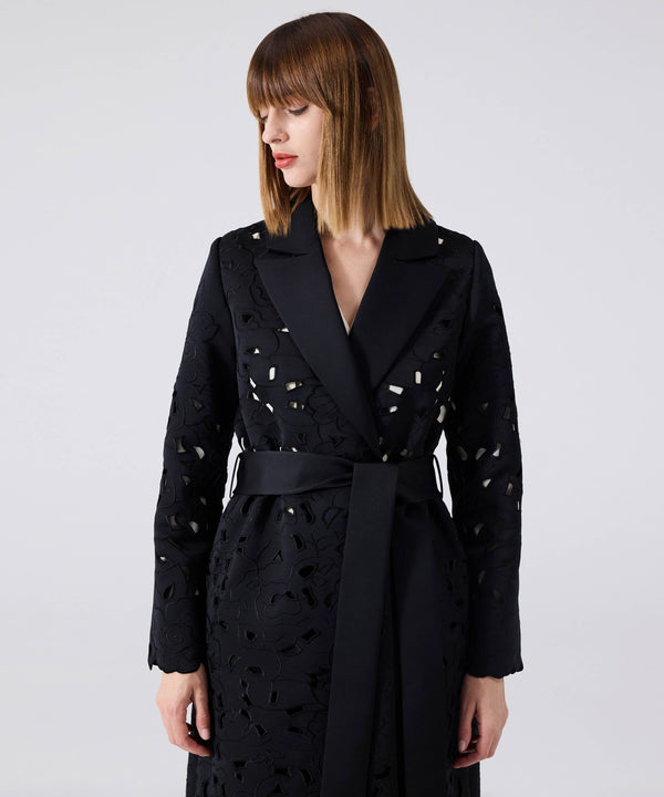 Machka Floral Embroidery Belted Coat Black