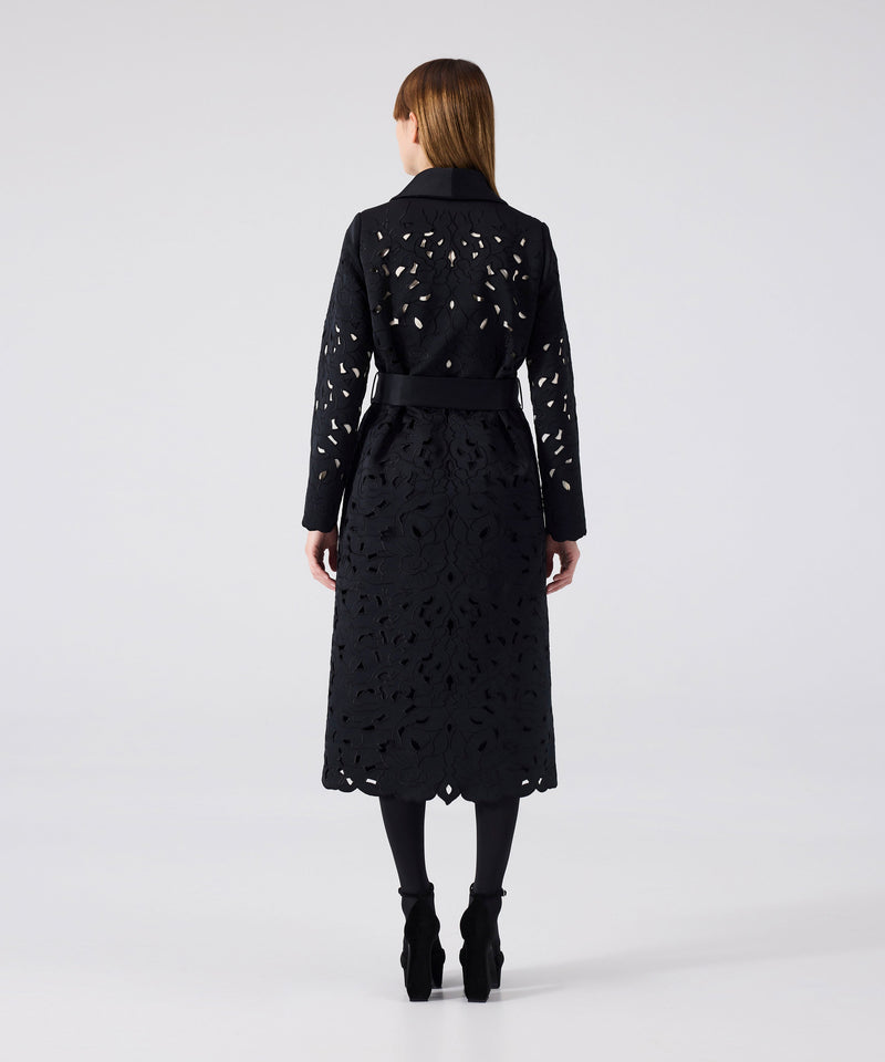 Machka Floral Embroidery Belted Coat Black