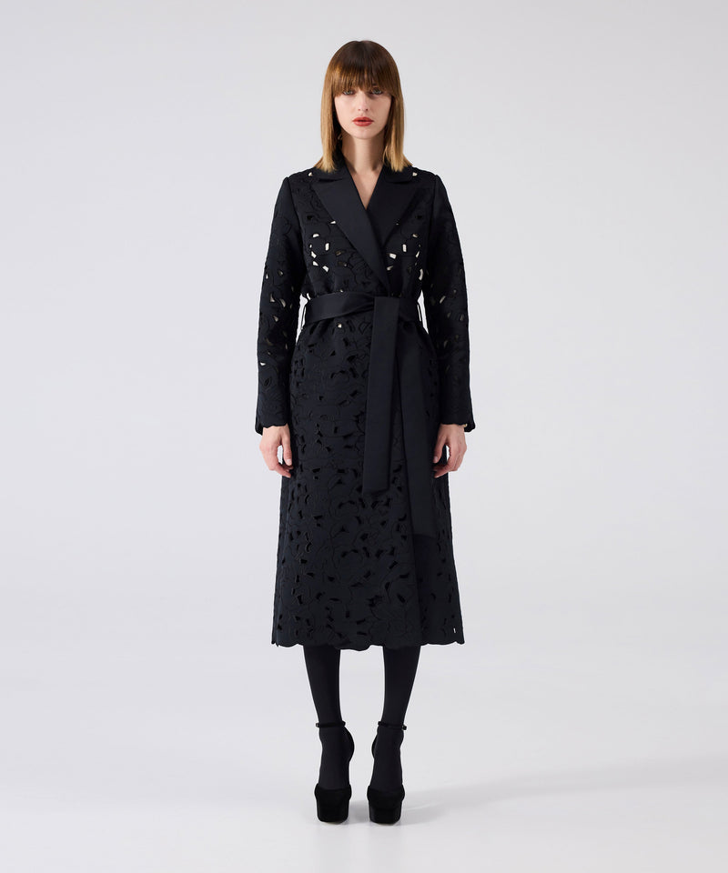 Machka Floral Embroidery Belted Coat Black