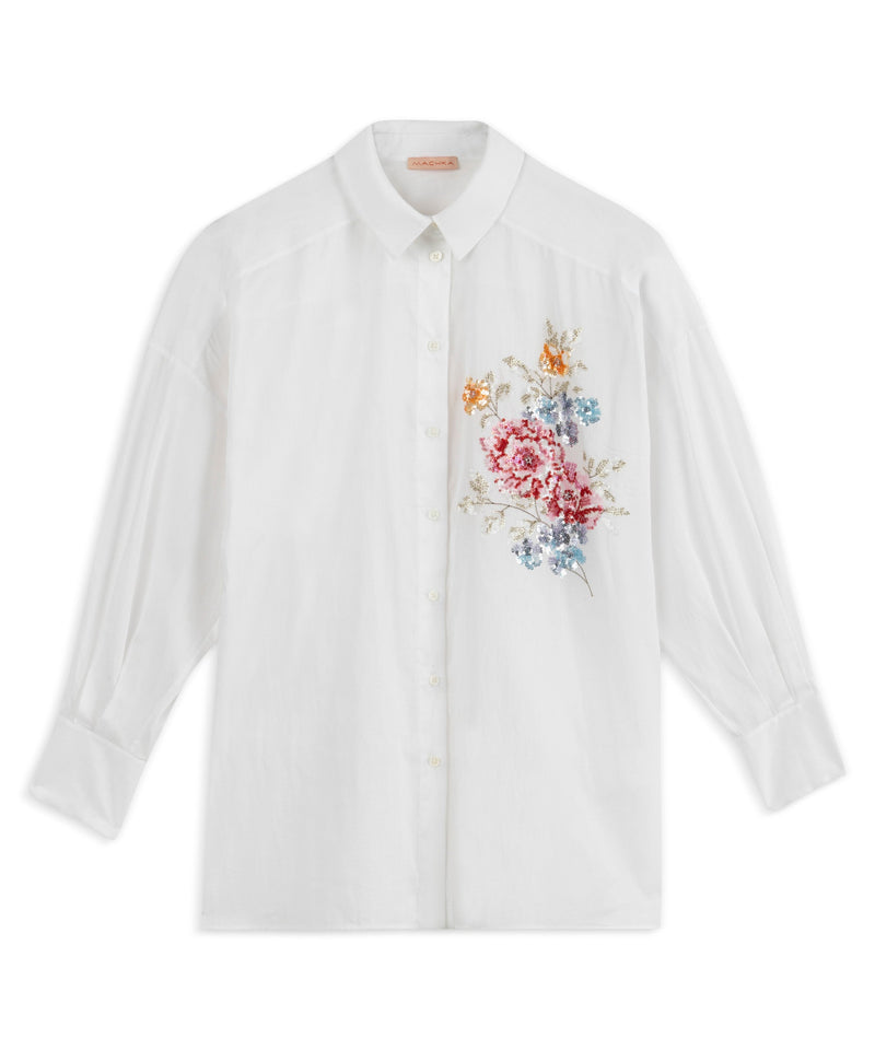 Machka Poplin Shirt With Floral Embroidery White