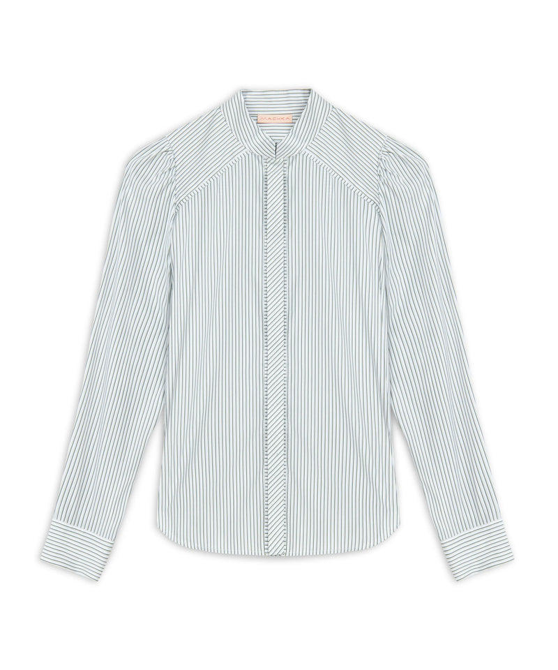 Machka Striped Pattern High Collar Shirt Green