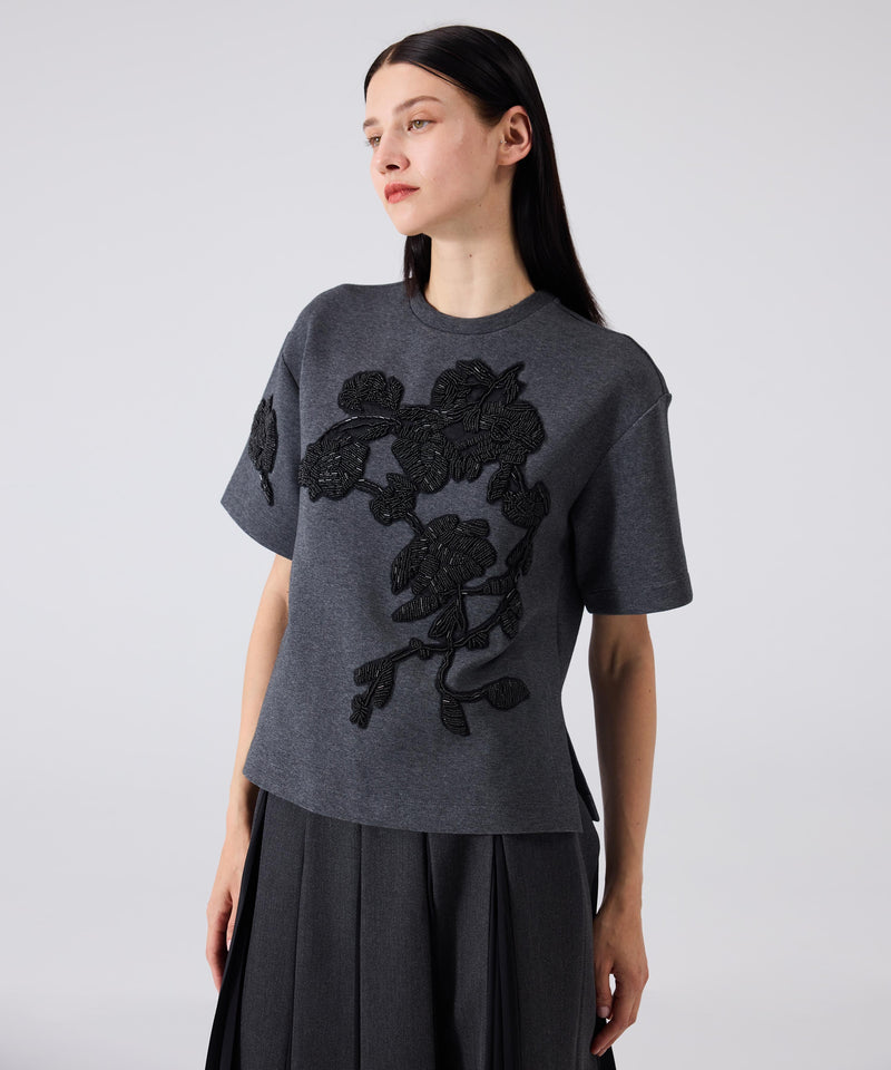 Machka T-Shirt With Contrast Floral Embroidery Grey Melange