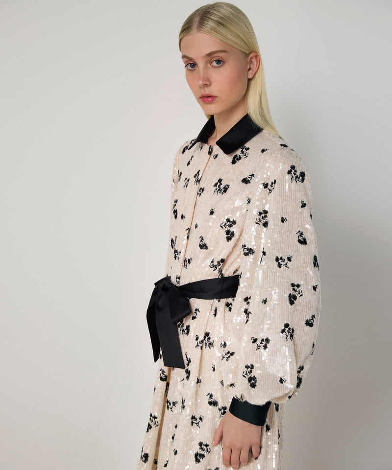 Machka Belted Sequin Dress Ecru