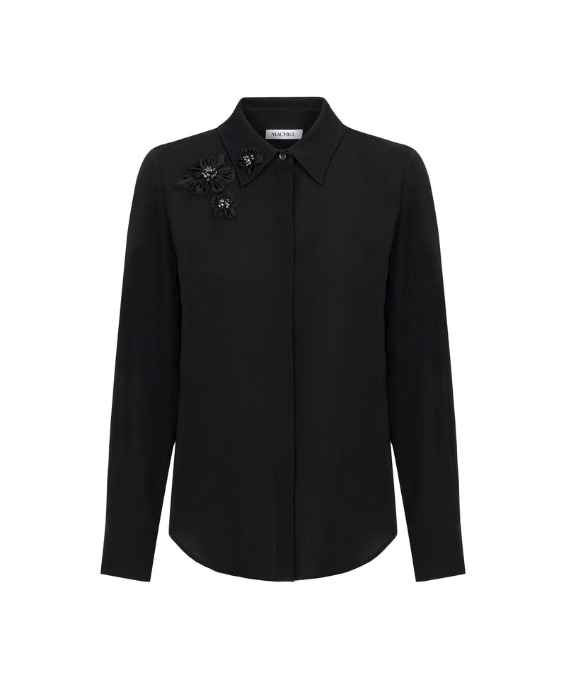 Machka Floral-Appliqué Silk Blouse Black