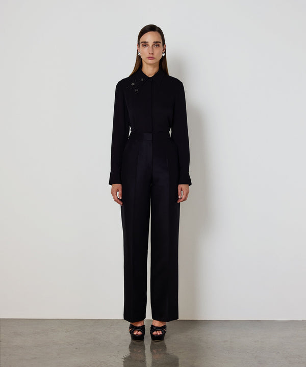 Machka Floral-Appliqué Silk Blouse Black