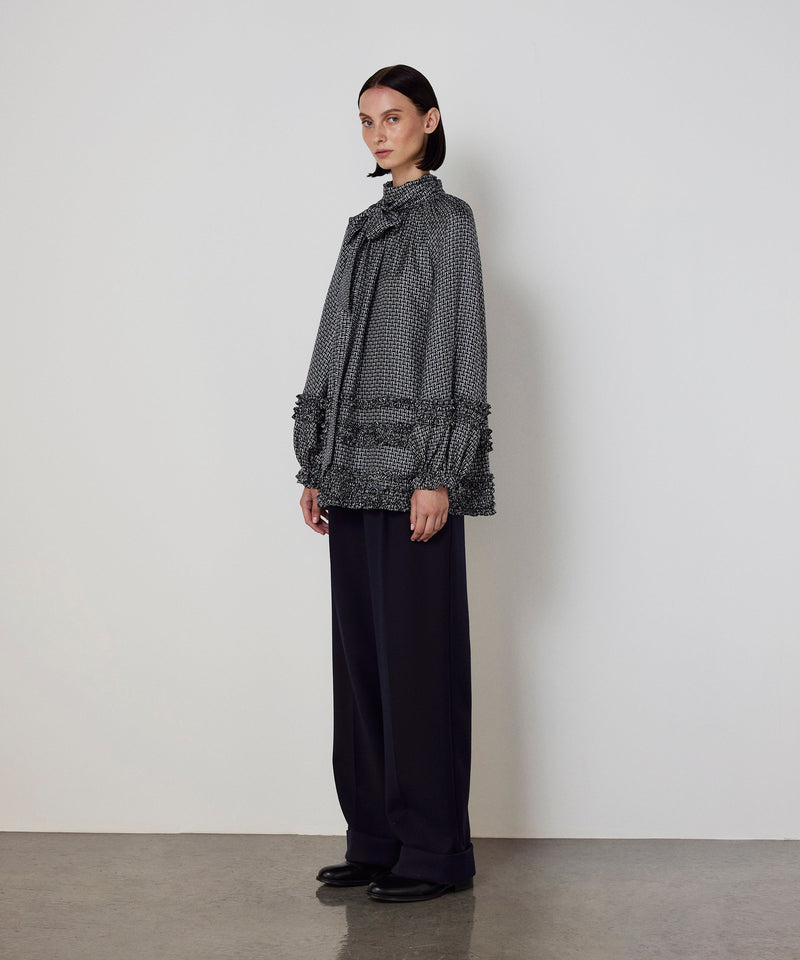 Machka Monogram Print Silk Blouse Navy