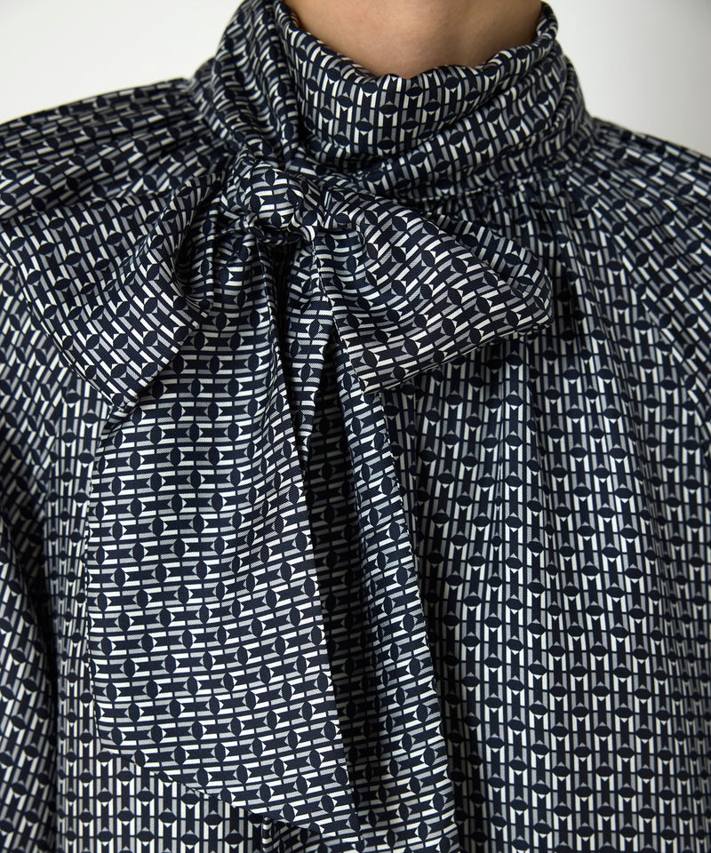 Machka Monogram Print Silk Blouse Navy