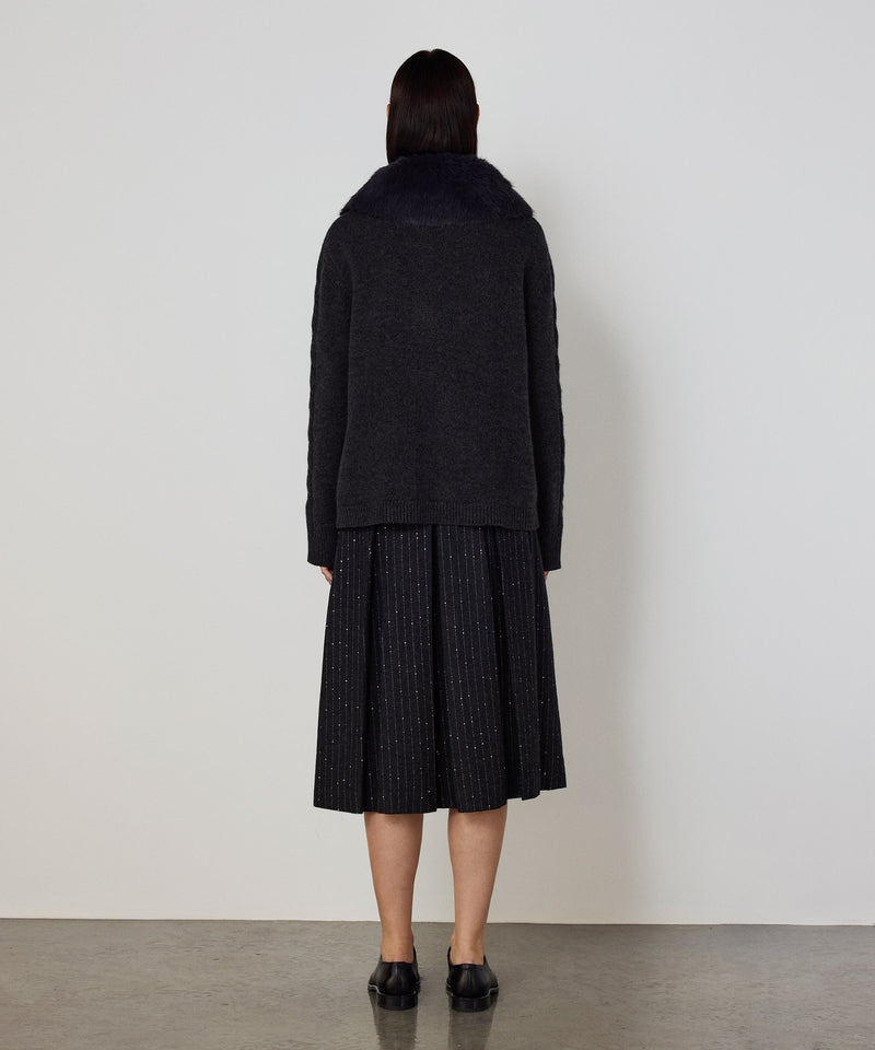 Machka Wool Cardigan With Faux Fur Anthracite - Black