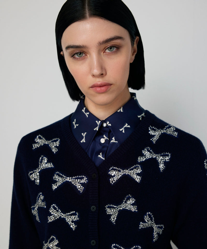 Machka Bow-Embellished Knit Cardigan Navy