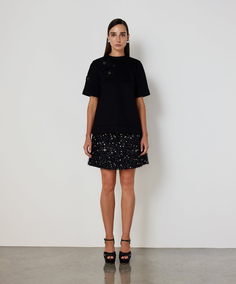 Machka Floral Appliqué Scuba T-Shirt Black