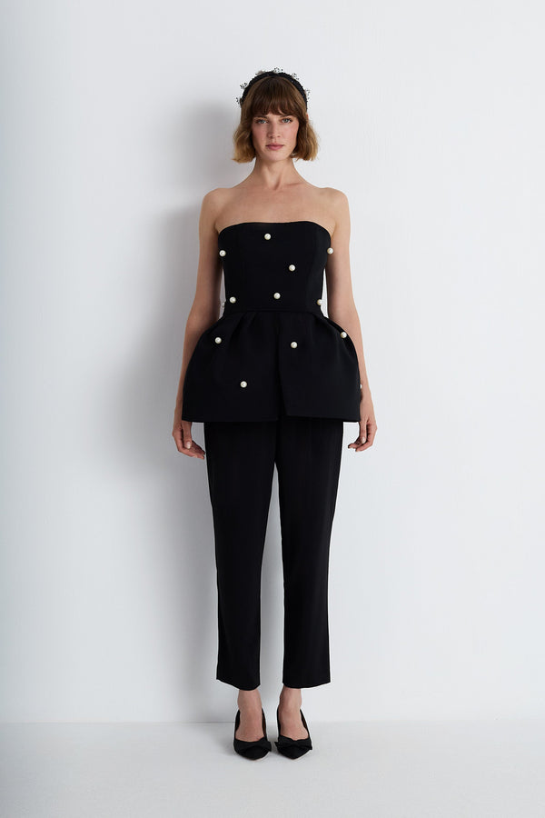 Nean Strapless Pearl-Embellished Peplum Top Black