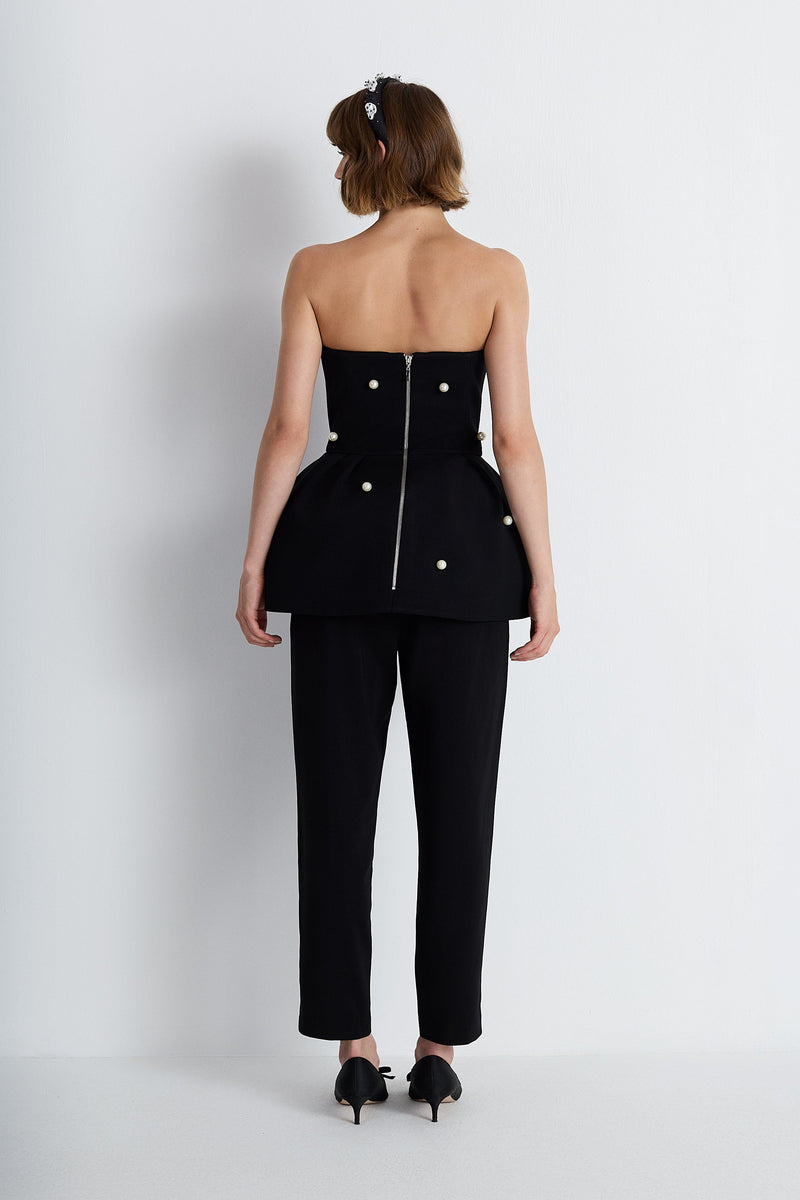Nean Strapless Pearl-Embellished Peplum Top Black