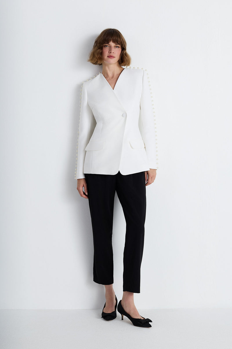Nean Pearl-Trim Asymmetric Blazer White