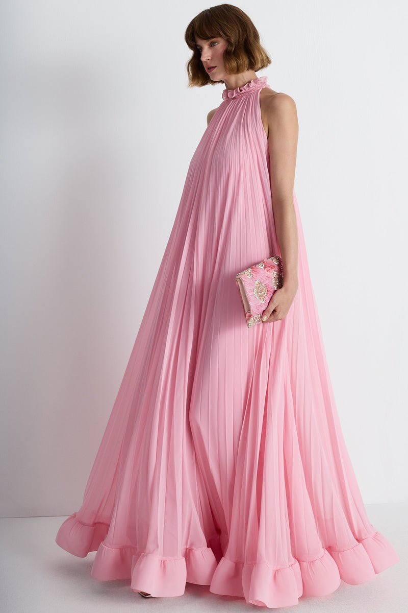 Nean Pleated Halter Neck Gown Pink