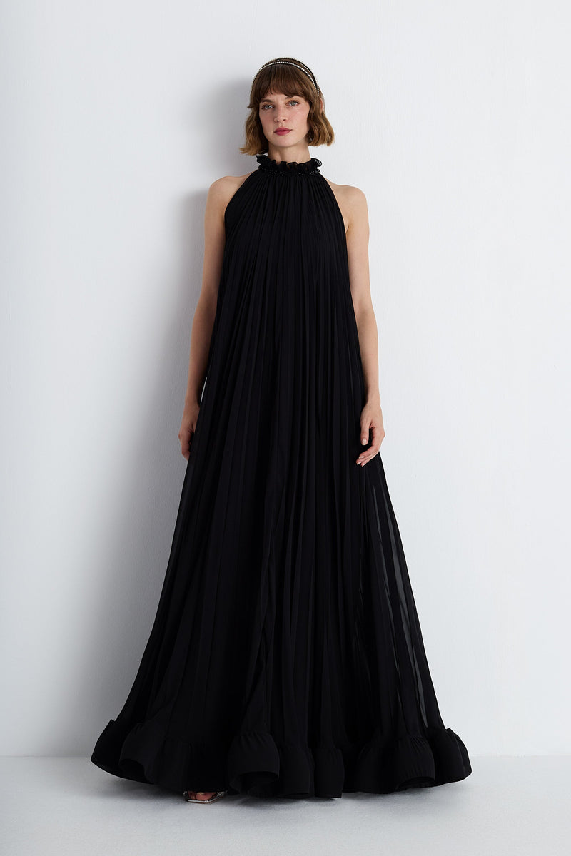 Nean Pleated Halter Neck Gown Black