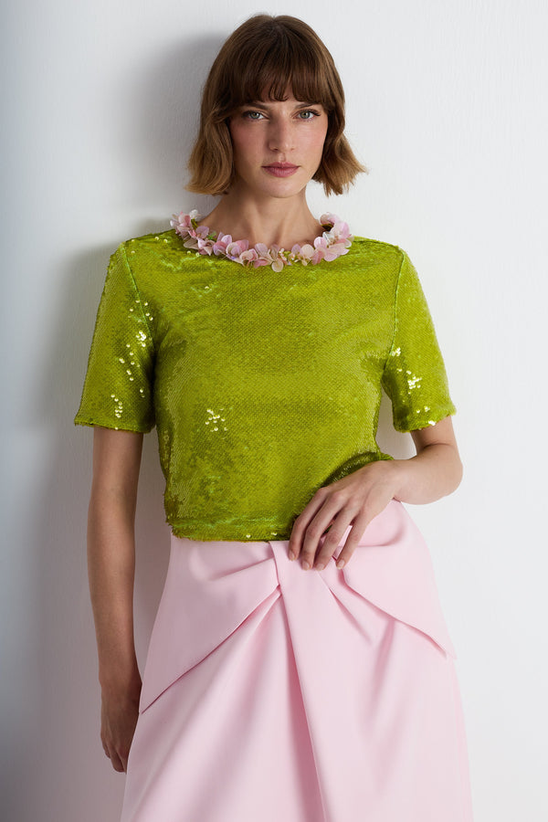 Nean Sequin Floral Collar Top Light Green