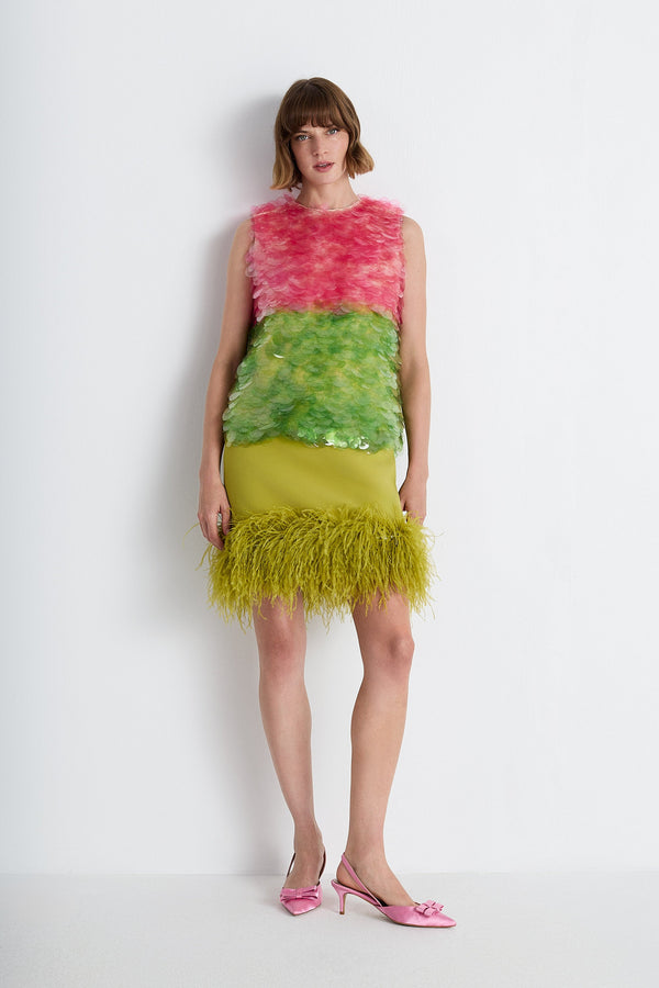 Nean Feather-Trim Mini Skirt Green