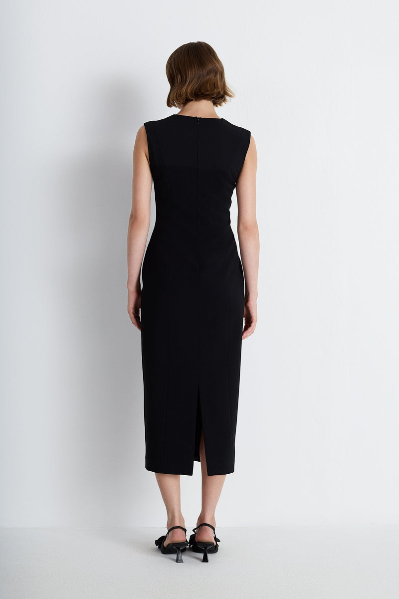 Nean Pleated Satin Panel Midi Dress Black