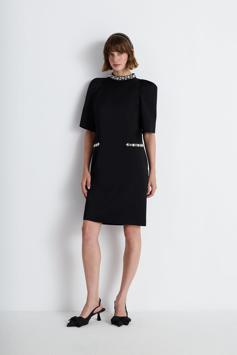 Nean Embellished Collar & Pocket Mini Dress Black