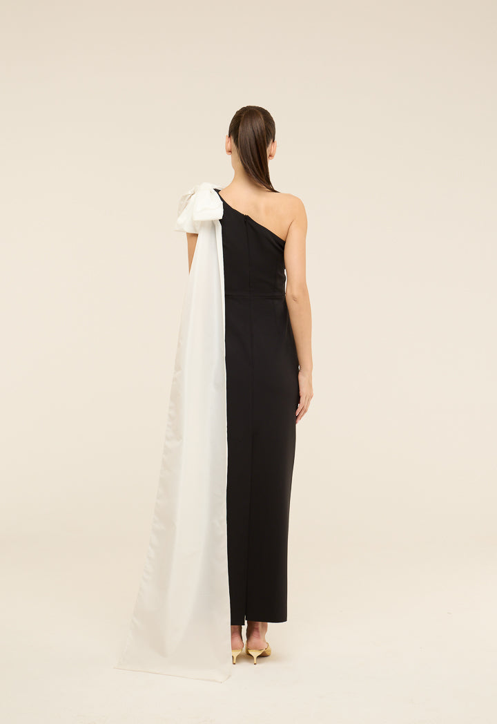 Riva One Shoulder Bow Detail Gown Dress Black-White