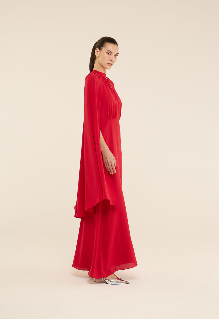 Riva Halter Neck Cape Sleeves Gown Dress Red