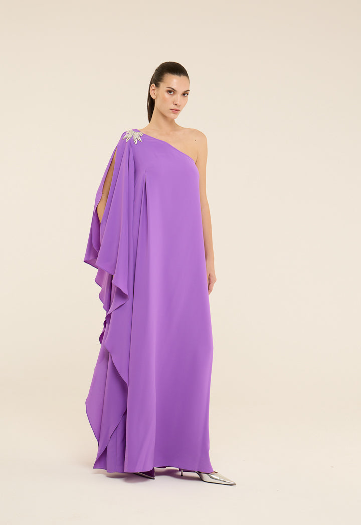 Riva One Shoulder Bow Embellished Gown Dress Purple