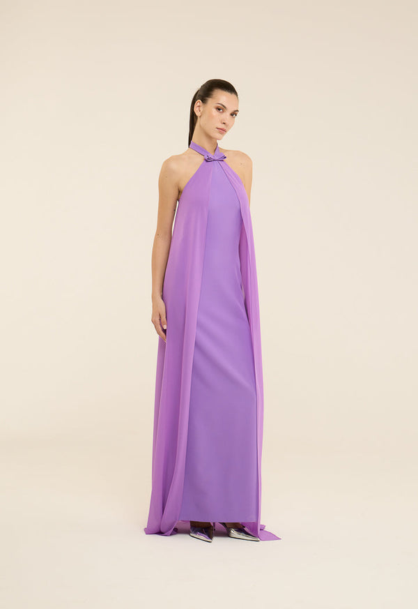 Riva Halter Neck Cape Style Gown Dress Purple