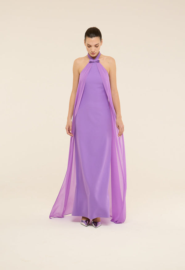 Riva Halter Neck Cape Style Gown Dress Purple