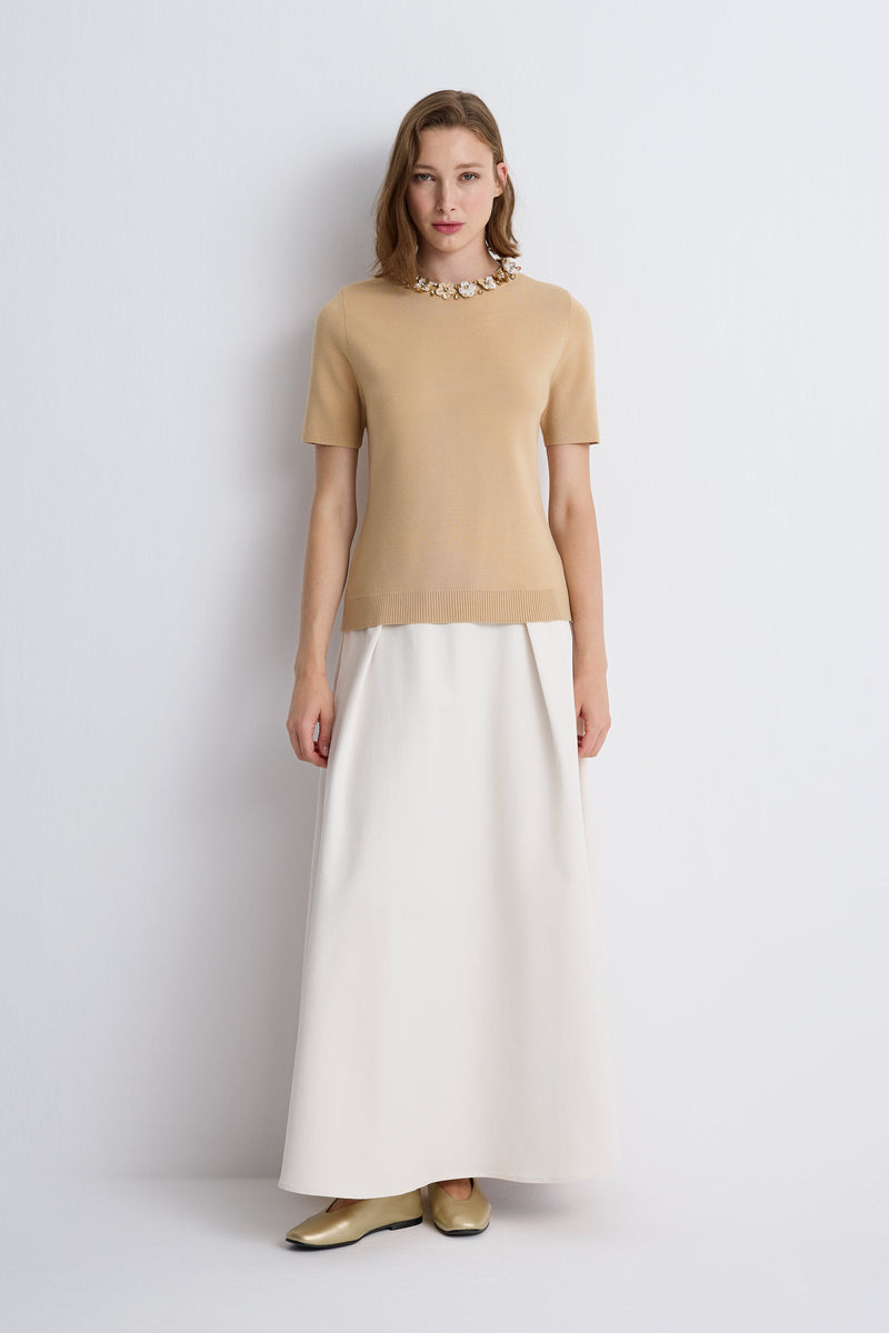 Nean Embellished Neckline Tricot Top
 Beige