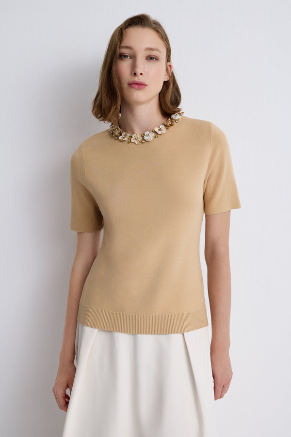 Nean Embellished Neckline Tricot Top
 Beige