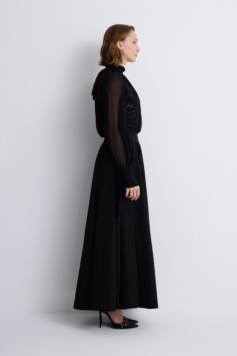 Nean Romantic Silk Chiffon Sheer Blouse Black