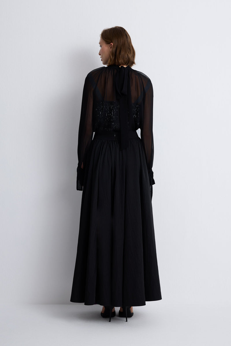 Nean Romantic Silk Chiffon Sheer Blouse Black