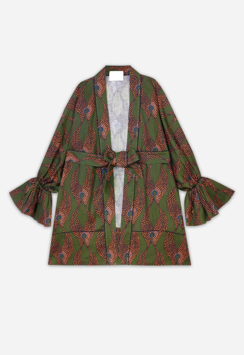 Maison La Plage Ravello Ruffled Sleeve Kimono With Belt Green