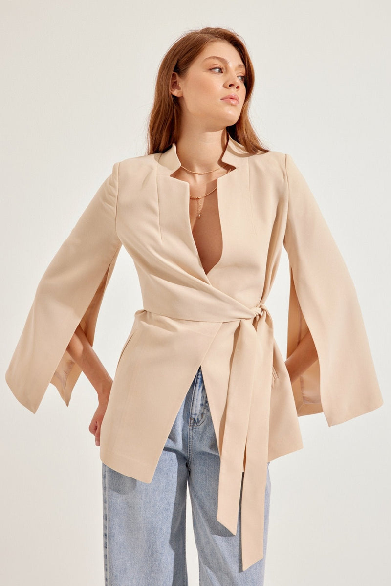 Setre Sleeve Detailed Jacket With Tie Detail Beige