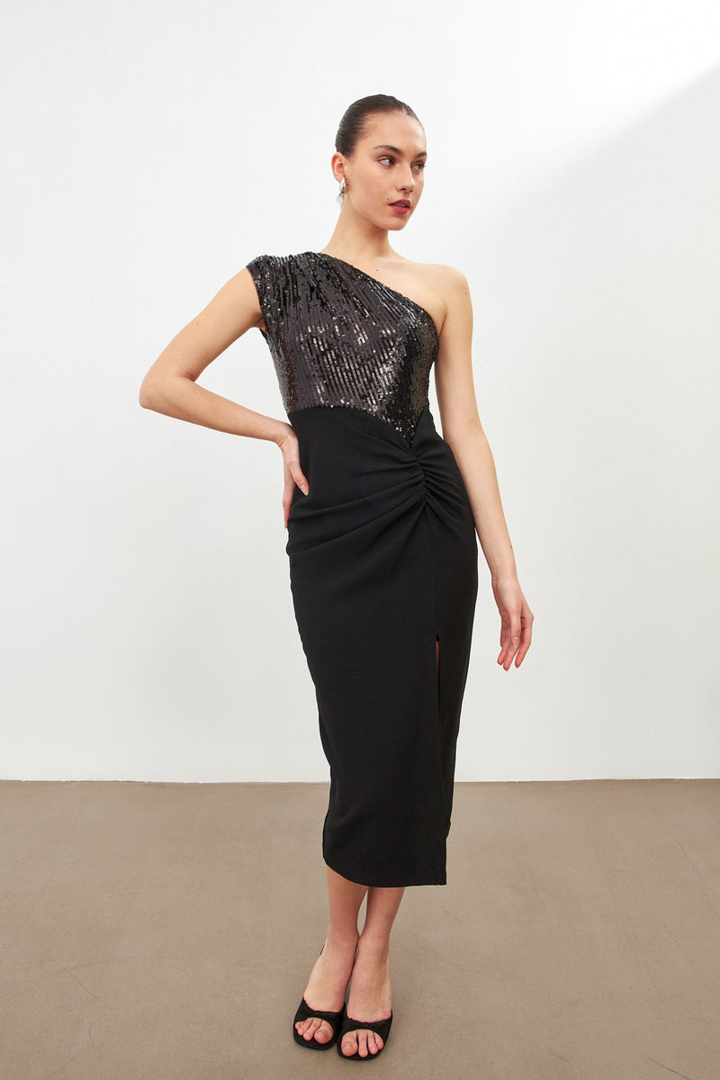 Setre Shoulder Detailed Sequined Dress Black