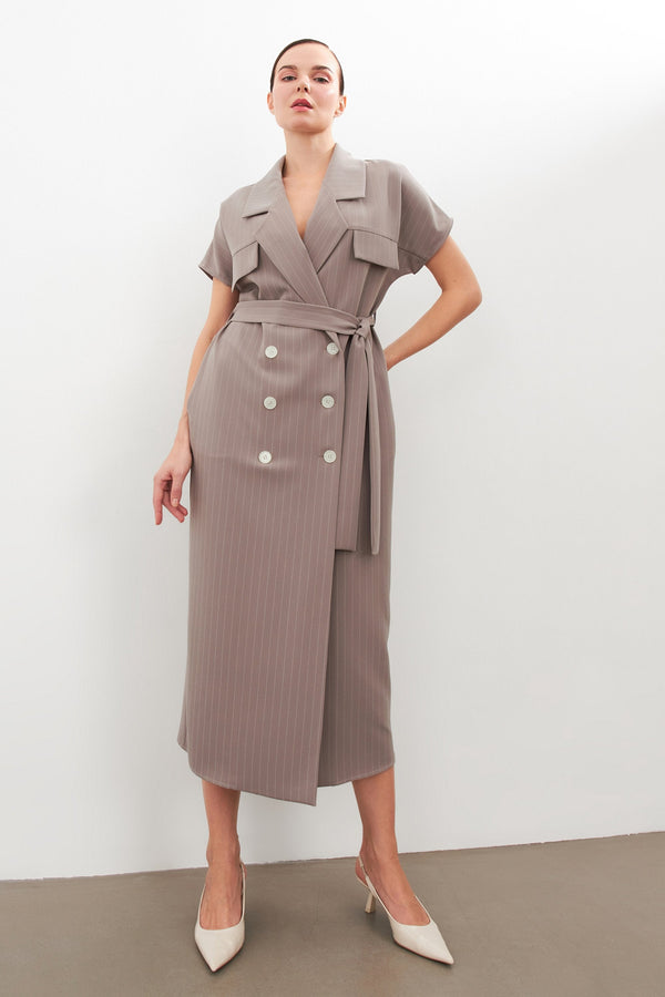 Setre Striped Belted Midi Dress Grey