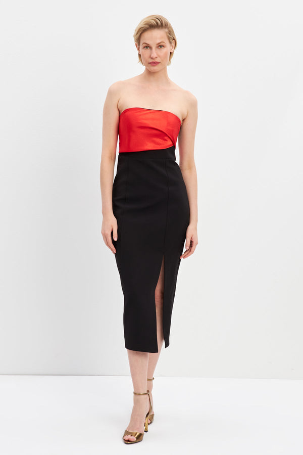 Setre Strapless Slit Detailed Midi Dress Black-Red